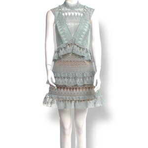Self-Portrait Teardrop Guipure Lace Mock Neck Mini Dress Mint Green Size US 4